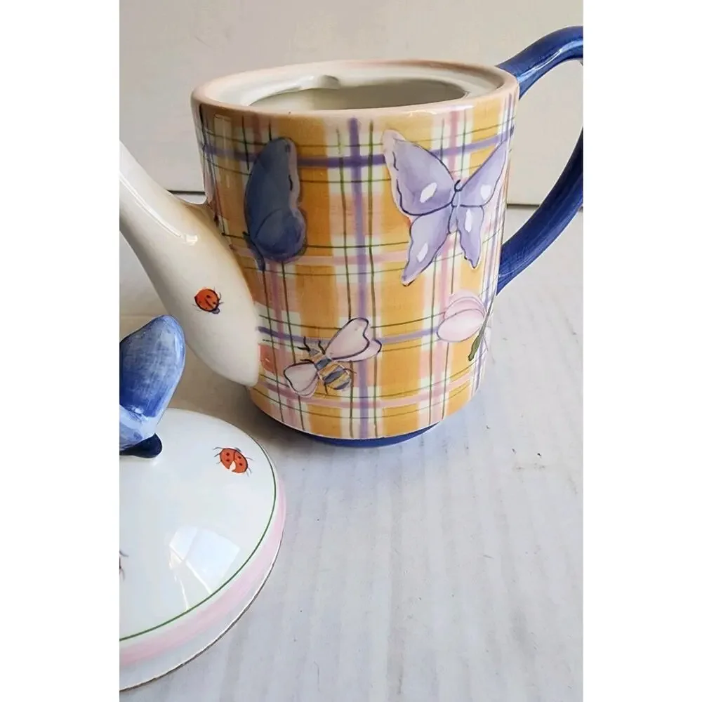 Teapot For One Butterfly Lady Bug Dragonfly Hand Painted Farmhouse Cottagecore